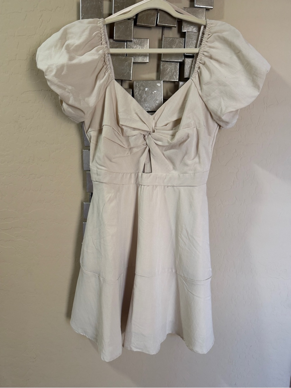 Trixxi Cream Puff-Sleeve Knot-Front Mini Dress